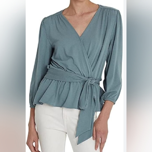 Lauren Ralph Lauren Faux Wrap Peplum Blouse- Sage Green - Picture 1 of 10